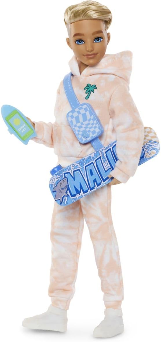 Barbie Dream Besties Doll and Accessories, Ken Posable Fashion Doll with Removable Fashions & Blonde Hair, 9 Summer & Skateboard Themed Pieces, JDD75