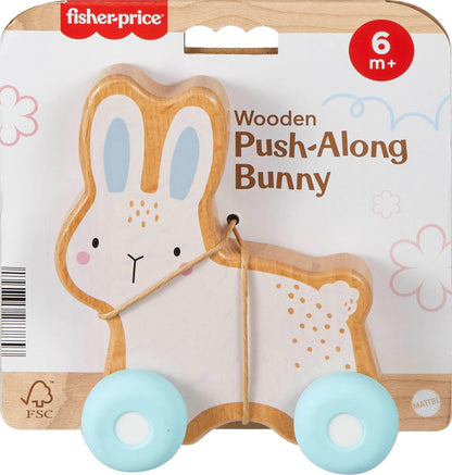 Fisher-Price Baby Toy Wooden Push-Along Bunny, Wood Vehicle for Crawling Developmental Play for Infants Ages 6+ Months, JDM52