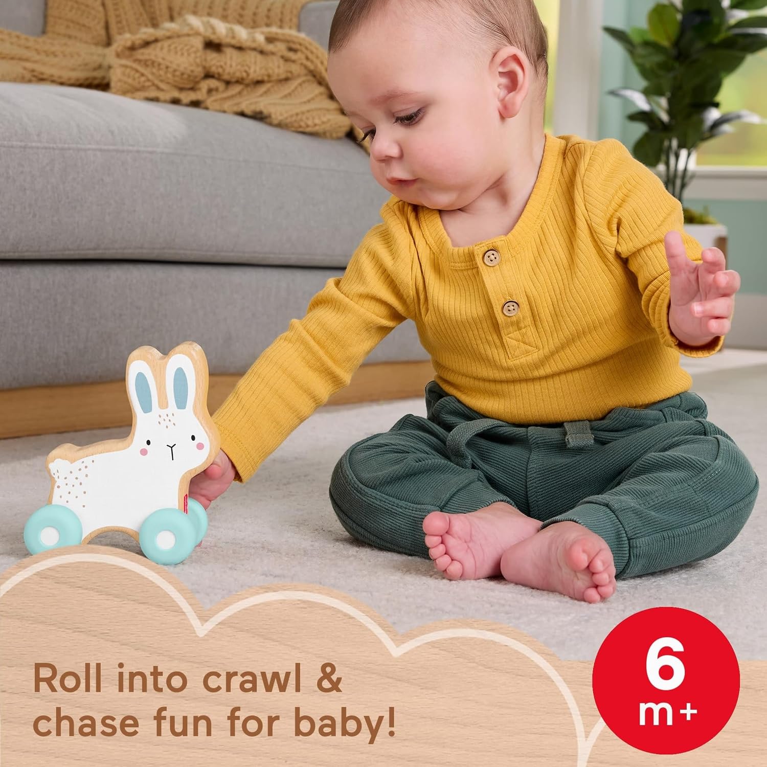 Fisher-Price Baby Toy Wooden Push-Along Bunny, Wood Vehicle for Crawling Developmental Play for Infants Ages 6+ Months, JDM52