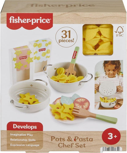 Fisher-Price Wood Pretend Cooking Set, Pots & Pasta Chef, 31 Pieces Play Food & Wooden Utensils for Preschool Kids Ages 3+ Years