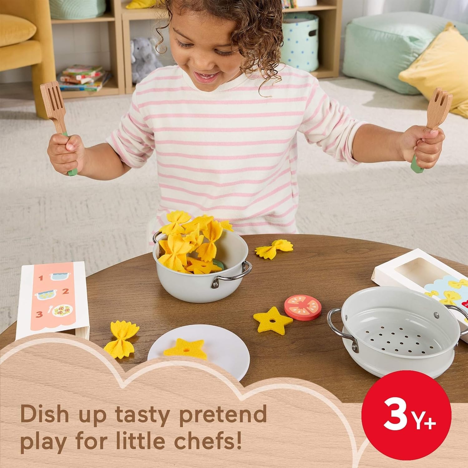 Fisher-Price Preschool Toy Pots & Pasta Chef Set, 31-Piece Pretend Cooking Playset with Play Food & Wood Utensils for Kids Ages 3+ Years, JFG14