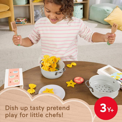 Fisher-Price Preschool Toy Pots & Pasta Chef Set, 31-Piece Pretend Cooking Playset with Play Food & Wood Utensils for Kids Ages 3+ Years, JFG14