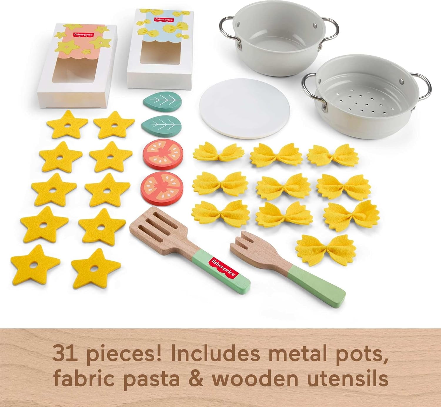Fisher-Price Preschool Toy Pots & Pasta Chef Set, 31-Piece Pretend Cooking Playset with Play Food & Wood Utensils for Kids Ages 3+ Years, JFG14