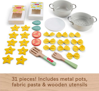 Fisher-Price Preschool Toy Pots & Pasta Chef Set, 31-Piece Pretend Cooking Playset with Play Food & Wood Utensils for Kids Ages 3+ Years, JFG14
