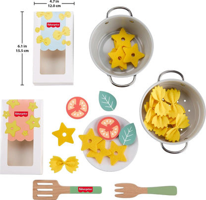 Fisher-Price Preschool Toy Pots & Pasta Chef Set, 31-Piece Pretend Cooking Playset with Play Food & Wood Utensils for Kids Ages 3+ Years, JFG14
