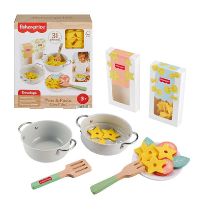 Fisher-Price Preschool Toy Pots & Pasta Chef Set, 31-Piece Pretend Cooking Playset with Play Food & Wood Utensils for Kids Ages 3+ Years, JFG14