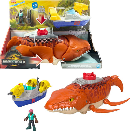 Fisher-Price Imaginext Jurassic World Rebirth Aquachomp Chase Mosasaurus 18-inch Dinosaur Toy with 3-inch Action Figure, Launcher Boat & 2 Projectiles, JFR23