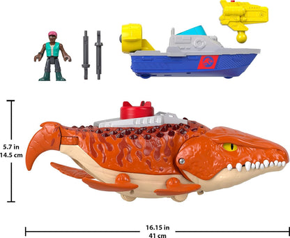 Fisher-Price Imaginext Jurassic World Rebirth Aquachomp Chase Mosasaurus 18-inch Dinosaur Toy with 3-inch Action Figure, Launcher Boat & 2 Projectiles, JFR23