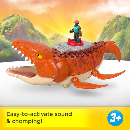 Fisher-Price Imaginext Jurassic World Rebirth Aquachomp Chase Mosasaurus 18-inch Dinosaur Toy with 3-inch Action Figure, Launcher Boat & 2 Projectiles, JFR23