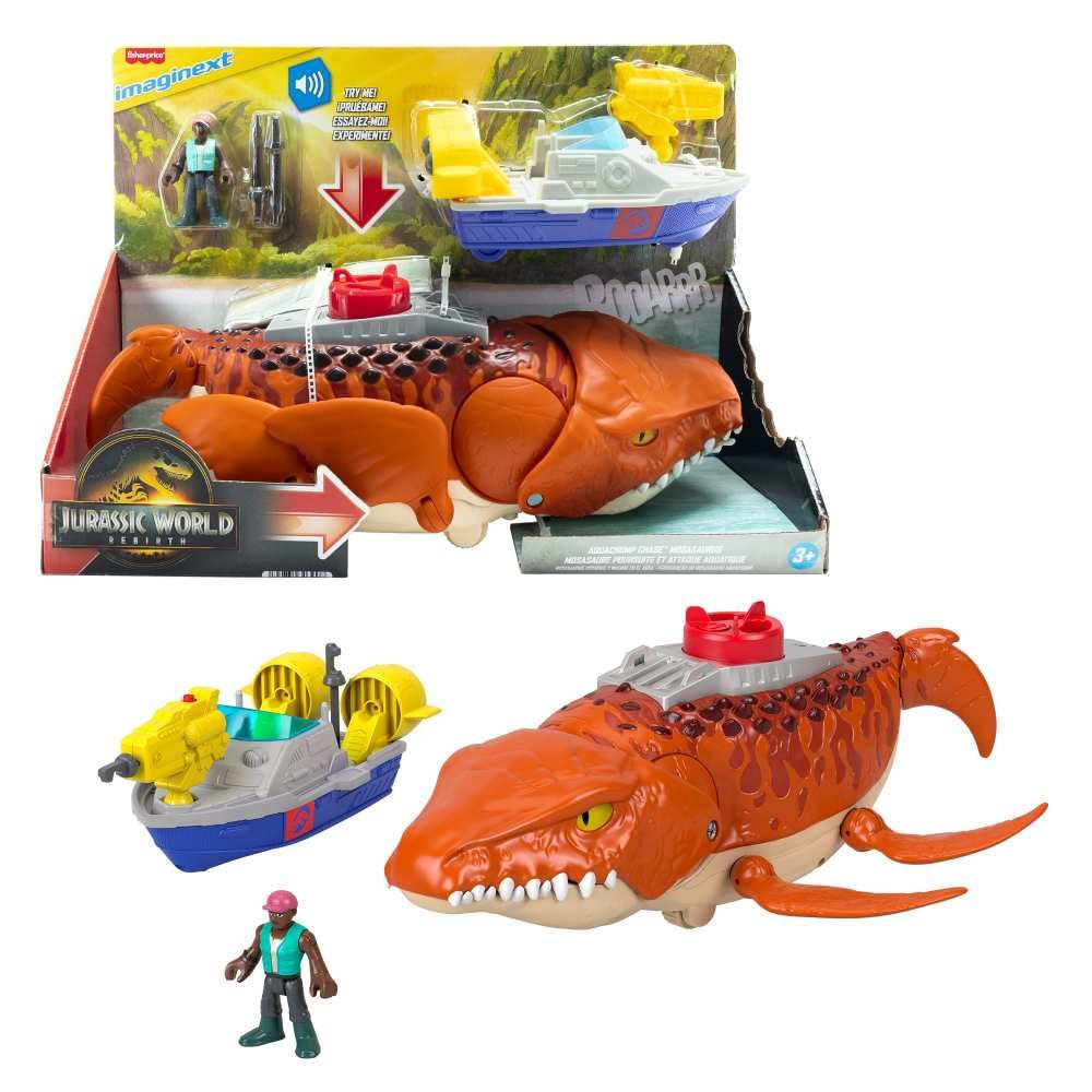 Fisher-Price Imaginext Jurassic World Rebirth Aquachomp Chase Mosasaurus 18-inch Dinosaur Toy with 3-inch Action Figure, Launcher Boat & 2 Projectiles, JFR23