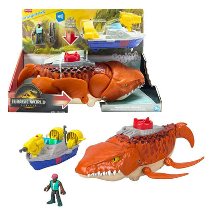Fisher-Price Imaginext Jurassic World Rebirth Aquachomp Chase Mosasaurus 18-inch Dinosaur Toy with 3-inch Action Figure, Launcher Boat & 2 Projectiles, JFR23