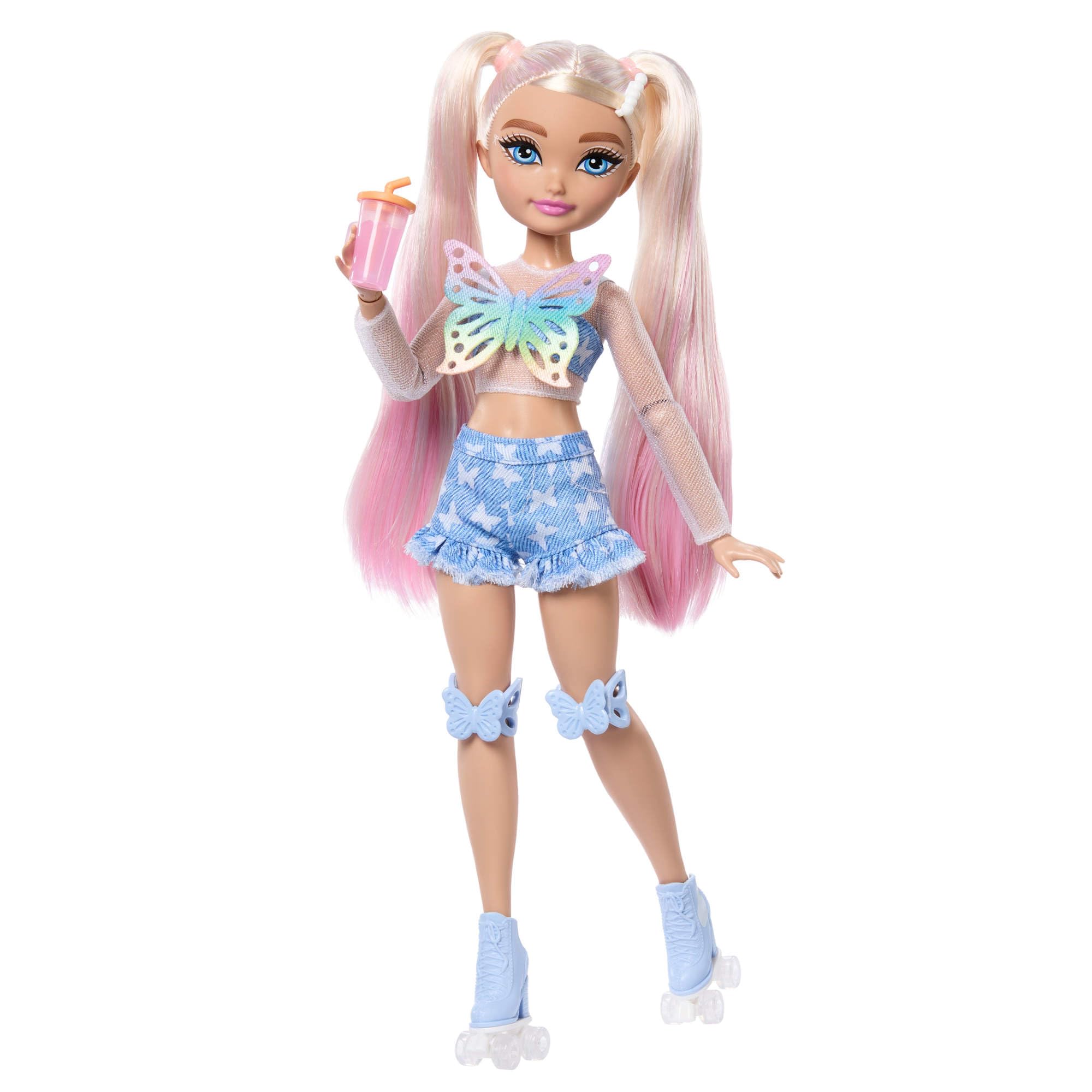 Barbie Dream Besties Doll and Accessories, Barbie “Malibu” Posable Roller Skating Fashion Doll with Blonde Hair, 9 Makeup Themed Pieces, JFX96