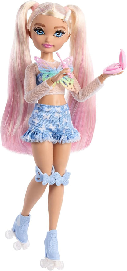 Barbie Dream Besties Doll and Accessories, Barbie “Malibu” Posable Roller Skating Fashion Doll with Blonde Hair, 9 Makeup Themed Pieces, JFX96
