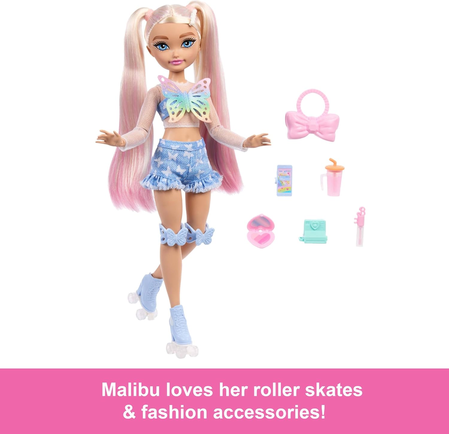 Barbie Dream Besties Doll and Accessories, Barbie “Malibu” Posable Roller Skating Fashion Doll with Blonde Hair, 9 Makeup Themed Pieces, JFX96
