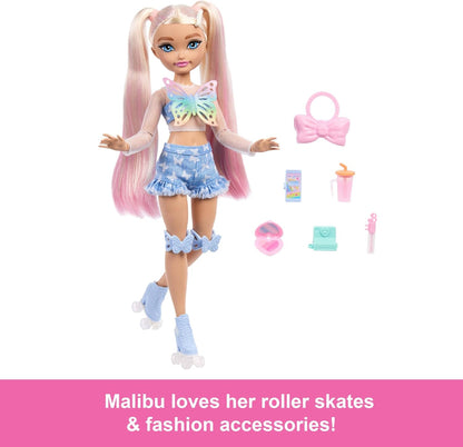 Barbie Dream Besties Doll and Accessories, Barbie “Malibu” Posable Roller Skating Fashion Doll with Blonde Hair, 9 Makeup Themed Pieces, JFX96