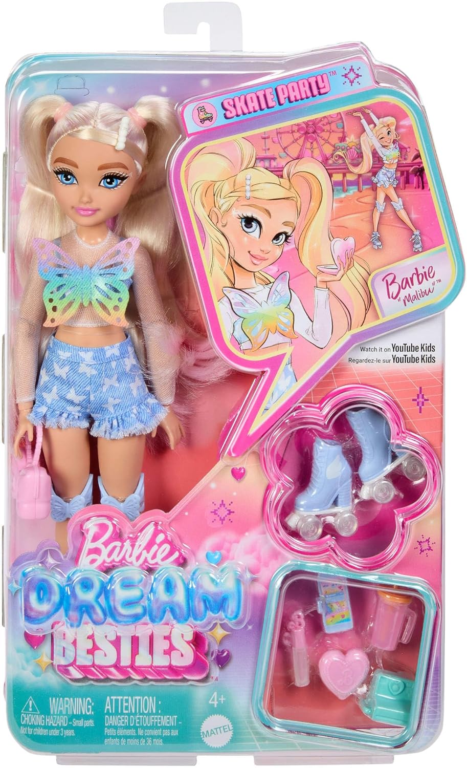 Barbie Dream Besties Doll and Accessories, Barbie “Malibu” Posable Roller Skating Fashion Doll with Blonde Hair, 9 Makeup Themed Pieces, JFX96