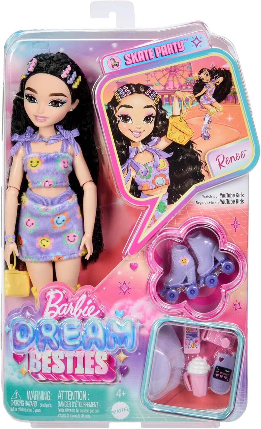 Barbie Dream Besties Doll and Accessories, Renee Posable Roller Skating Fashion Doll with Black Hair, 12 Video & Food Themed Pieces, JFX99
