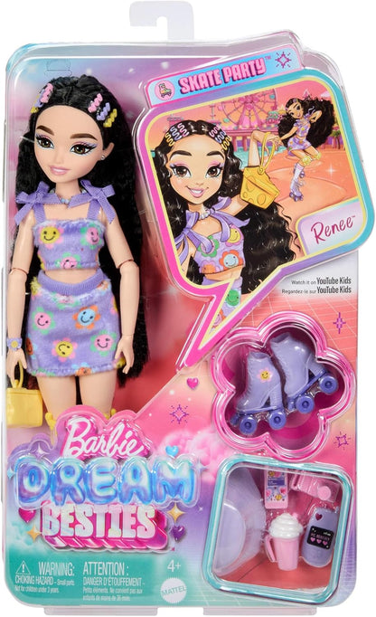 Barbie Dream Besties Doll and Accessories, Renee Posable Roller Skating Fashion Doll with Black Hair, 12 Video & Food Themed Pieces, JFX99