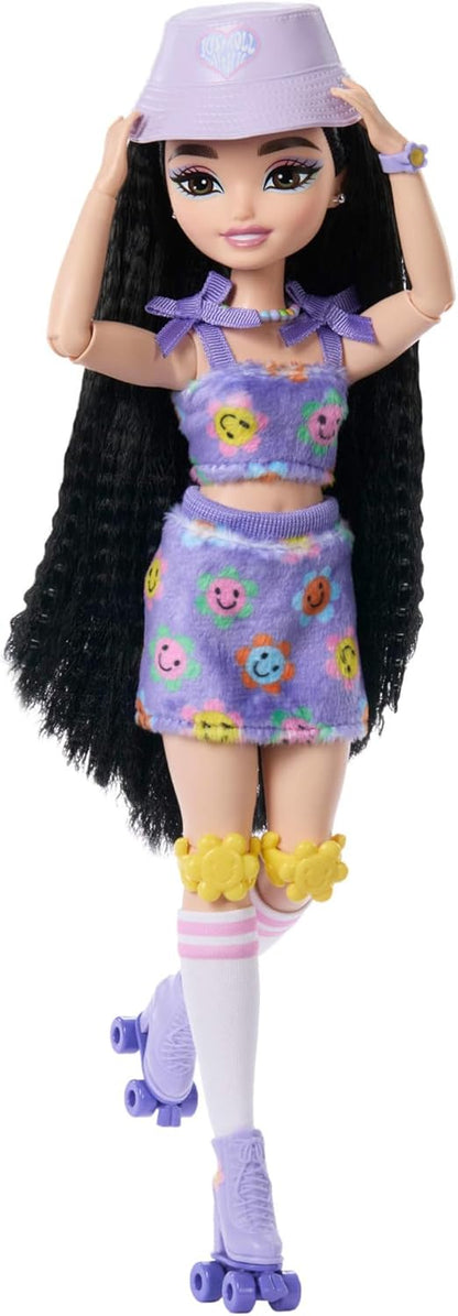 Barbie Dream Besties Doll and Accessories, Renee Posable Roller Skating Fashion Doll with Black Hair, 12 Video & Food Themed Pieces, JFX99