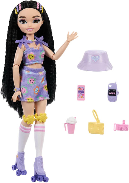 Barbie Dream Besties Doll and Accessories, Renee Posable Roller Skating Fashion Doll with Black Hair, 12 Video & Food Themed Pieces, JFX99