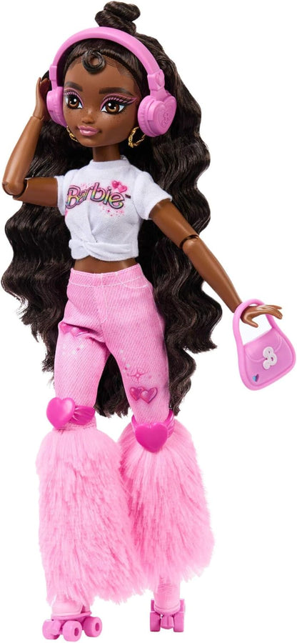 Barbie Dream Besties Doll and Accessories, Barbie “Brooklyn” Posable Roller Skating Fashion Doll with Dark Brown Hair, 9Music & Video Themed Pieces, JFX97