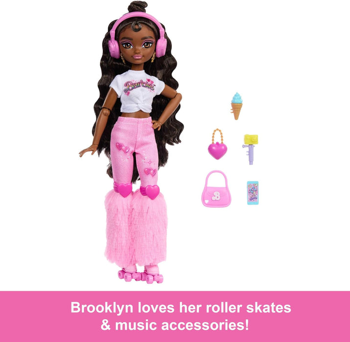 Barbie Dream Besties Doll and Accessories, Barbie “Brooklyn” Posable Roller Skating Fashion Doll with Dark Brown Hair, 9Music & Video Themed Pieces, JFX97