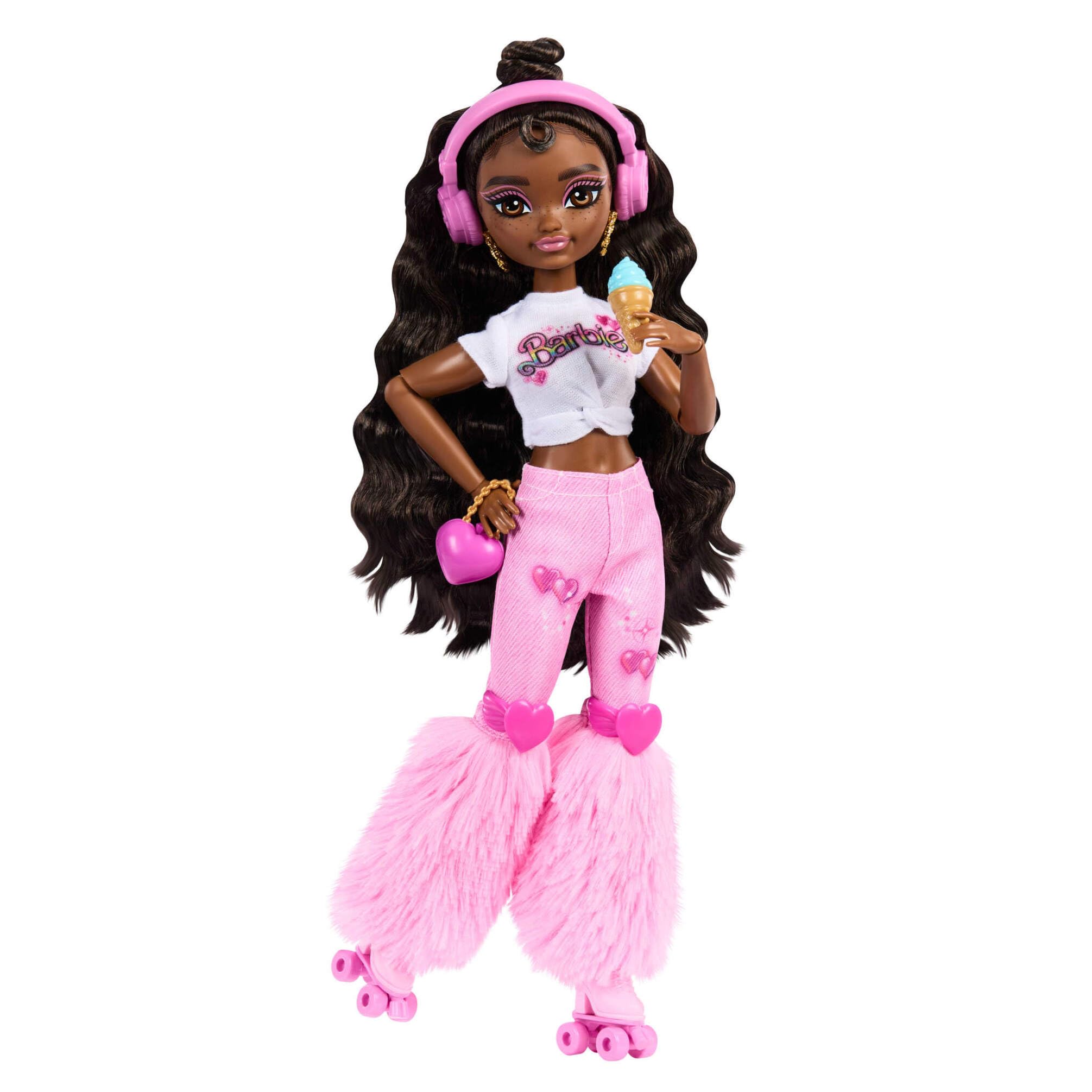 Barbie Dream Besties Doll and Accessories, Barbie “Brooklyn” Posable Roller Skating Fashion Doll with Dark Brown Hair, 9Music & Video Themed Pieces, JFX97
