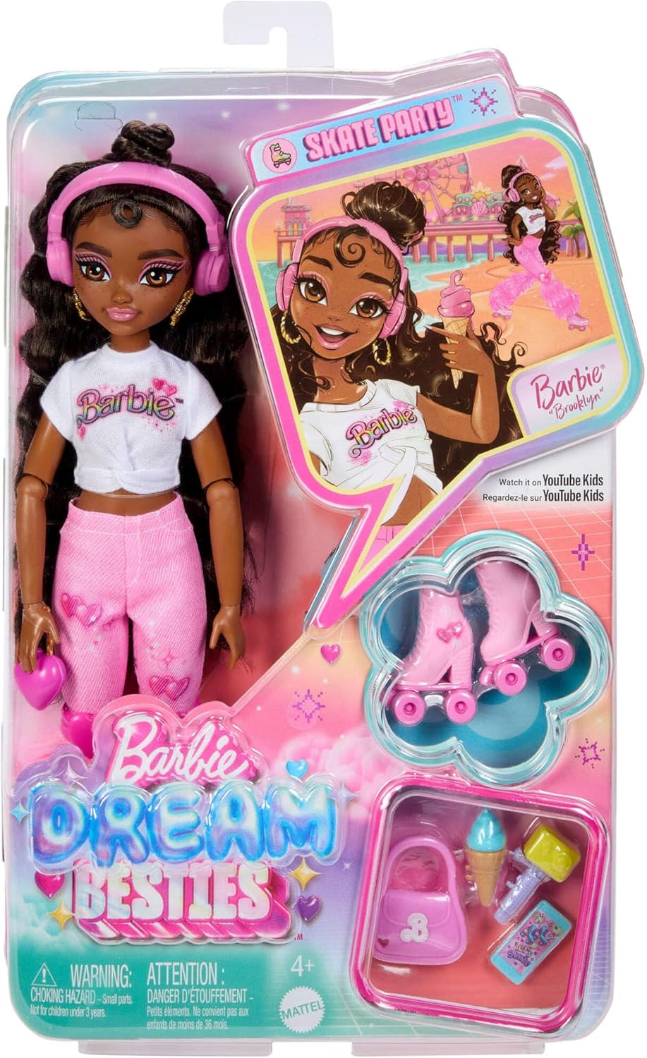 Barbie Dream Besties Doll and Accessories, Barbie “Brooklyn” Posable Roller Skating Fashion Doll with Dark Brown Hair, 9Music & Video Themed Pieces, JFX97