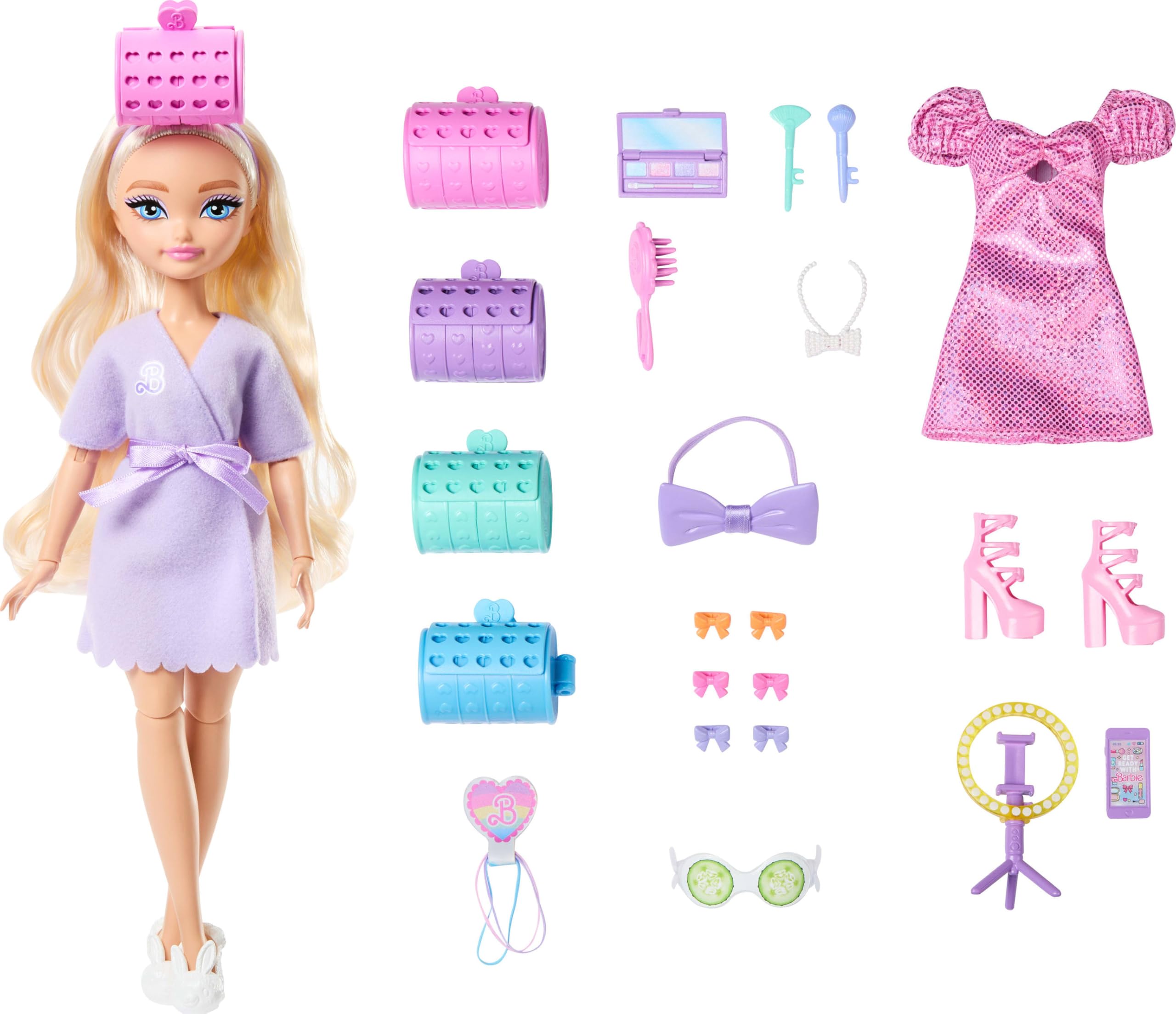 Barbie Dream GET READY Malibu” Fashion Doll with Stylized Hair, Including Surprise Hair Accessories & 15+ Looks, JGG38