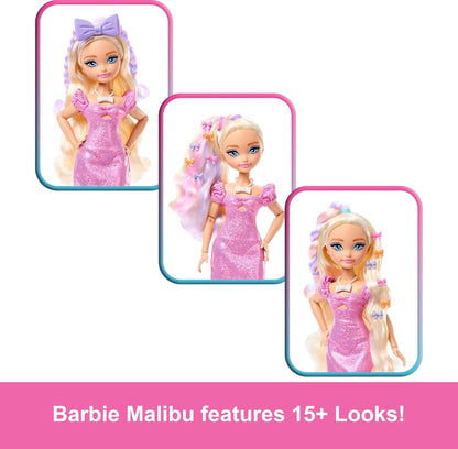 Barbie Dream GET READY Malibu” Fashion Doll with Stylized Hair, Including Surprise Hair Accessories & 15+ Looks, JGG38