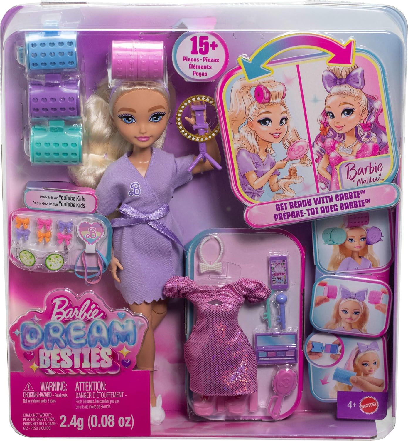 Barbie Dream GET READY Malibu” Fashion Doll with Stylized Hair, Including Surprise Hair Accessories & 15+ Looks, JGG38