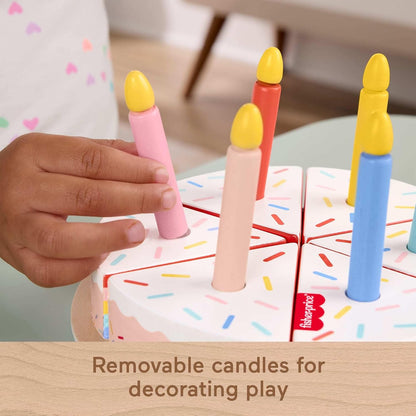 Fisher-Price Wood Pretend Play Toy Cake Set, 14-Piece Wooden Food Decorating & Serving Play for Preschool Kids Ages 3+ Years