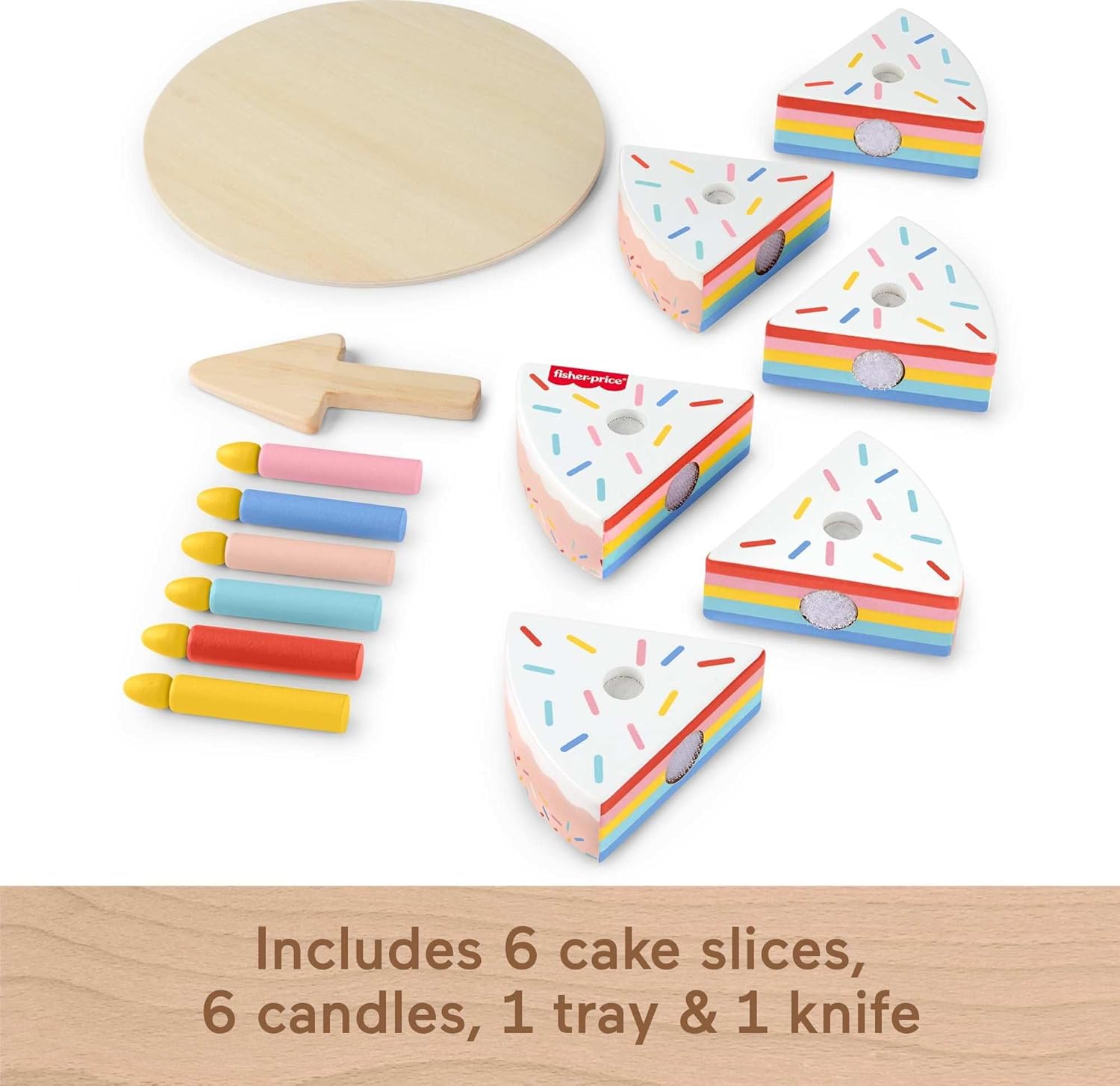 Fisher-Price Wood Pretend Play Toy Cake Set, 14-Piece Wooden Food Decorating & Serving Play for Preschool Kids Ages 3+ Years