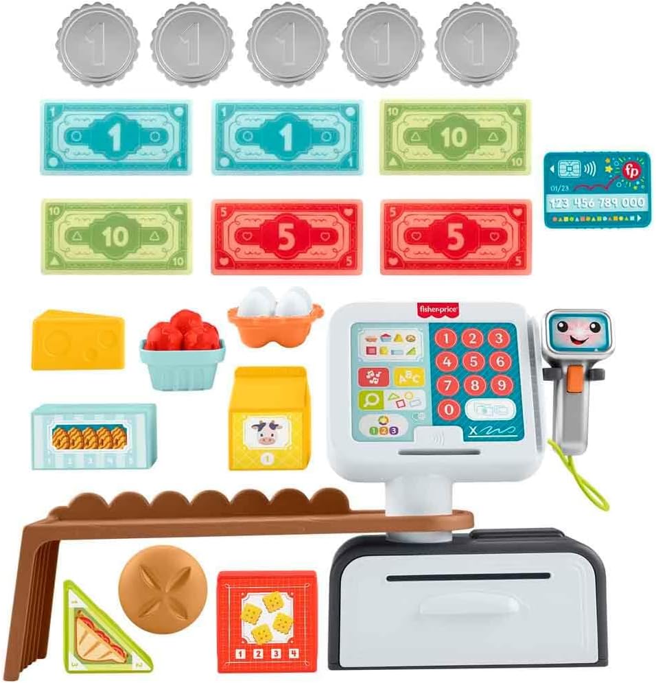 Fisher-Price Fun and Learning Market JGW99 Checkout Playset, 20 Pieces for Children from 2 Years Old with Support for Multiple Languages