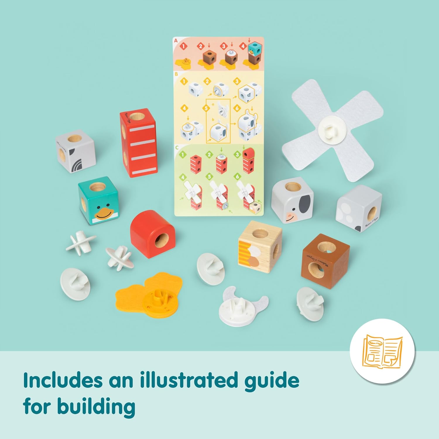 Melissa & Doug Blockables Farm Friends Snap And Play, Mix And Match Connectable Wooden Building Blocks Play Set Toy for Preschool Boys And Girls (16 Pcs