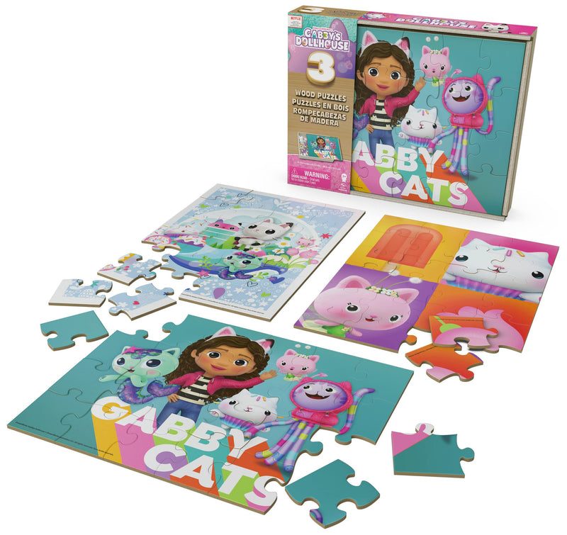 Spin Master Games Gabby’s Dollhouse, 3 Wood Puzzles 24-Piece Jigsaw Puzzles with Wooden Storage Box Kids’ Puzzles, for Kids Aged 3 and up