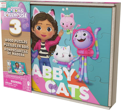 Spin Master Games Gabby’s Dollhouse, 3 Wood Puzzles 24-Piece Jigsaw Puzzles with Wooden Storage Box Kids’ Puzzles, for Kids Aged 3 and up