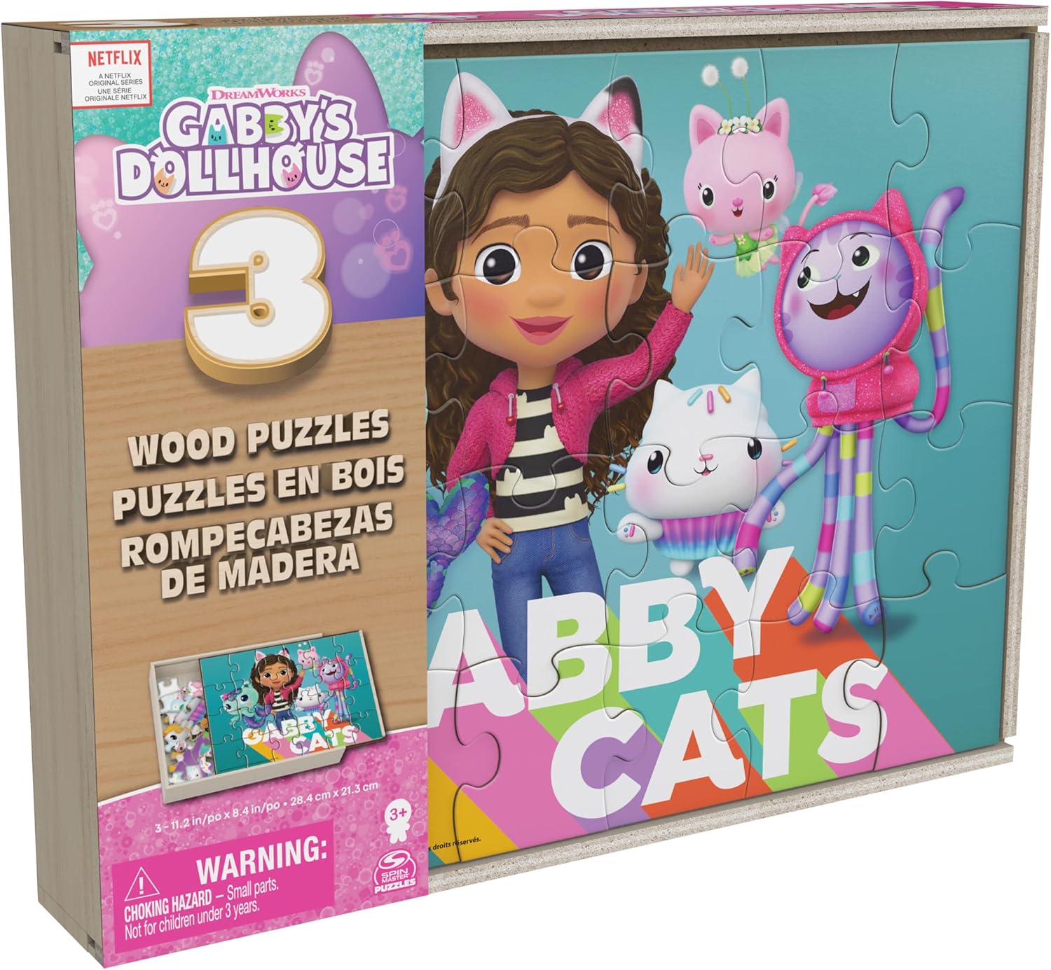 Spin Master Games Gabby’s Dollhouse, 3 Wood Puzzles 24-Piece Jigsaw Puzzles with Wooden Storage Box Kids’ Puzzles, for Kids Aged 3 and up