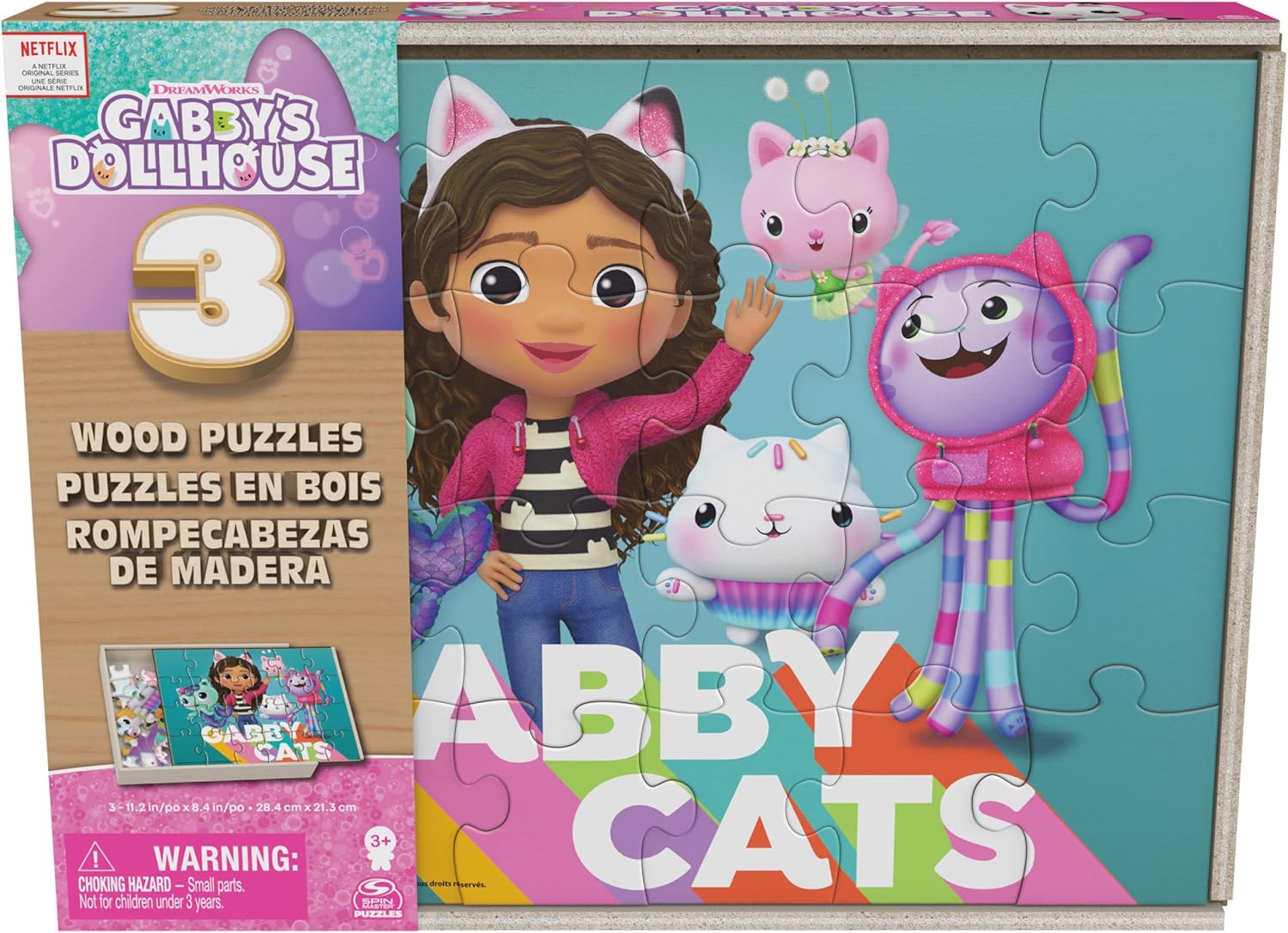 Spin Master Games Gabby’s Dollhouse, 3 Wood Puzzles 24-Piece Jigsaw Puzzles with Wooden Storage Box Kids’ Puzzles, for Kids Aged 3 and up