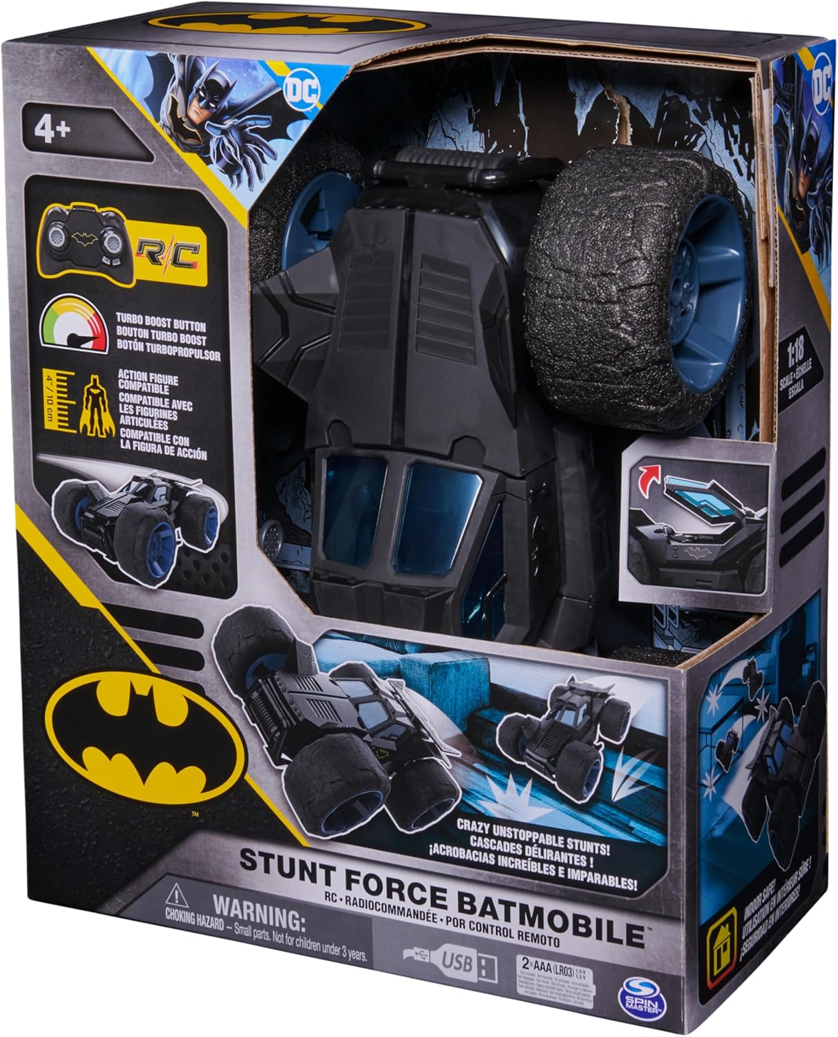DC Comics, Batman, Stunt Force Batmobile, Indoor Remote-Control Car, Action Figure Compatible, Turbo Boost and Crazy Stunt Capabilities, Collectible Super Hero Kids’ Toys for Boys and Girls Aged 4+
