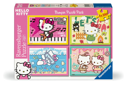 Ravensburger Hello Kitty Bumper Puzzle Pack – 4 x 100 Piece XXL Jigsaw Puzzles – Colorful Music, Outdoors, Underwater & Sweet Treat Scenes – Durable & Family-Friendly – Ages 5+