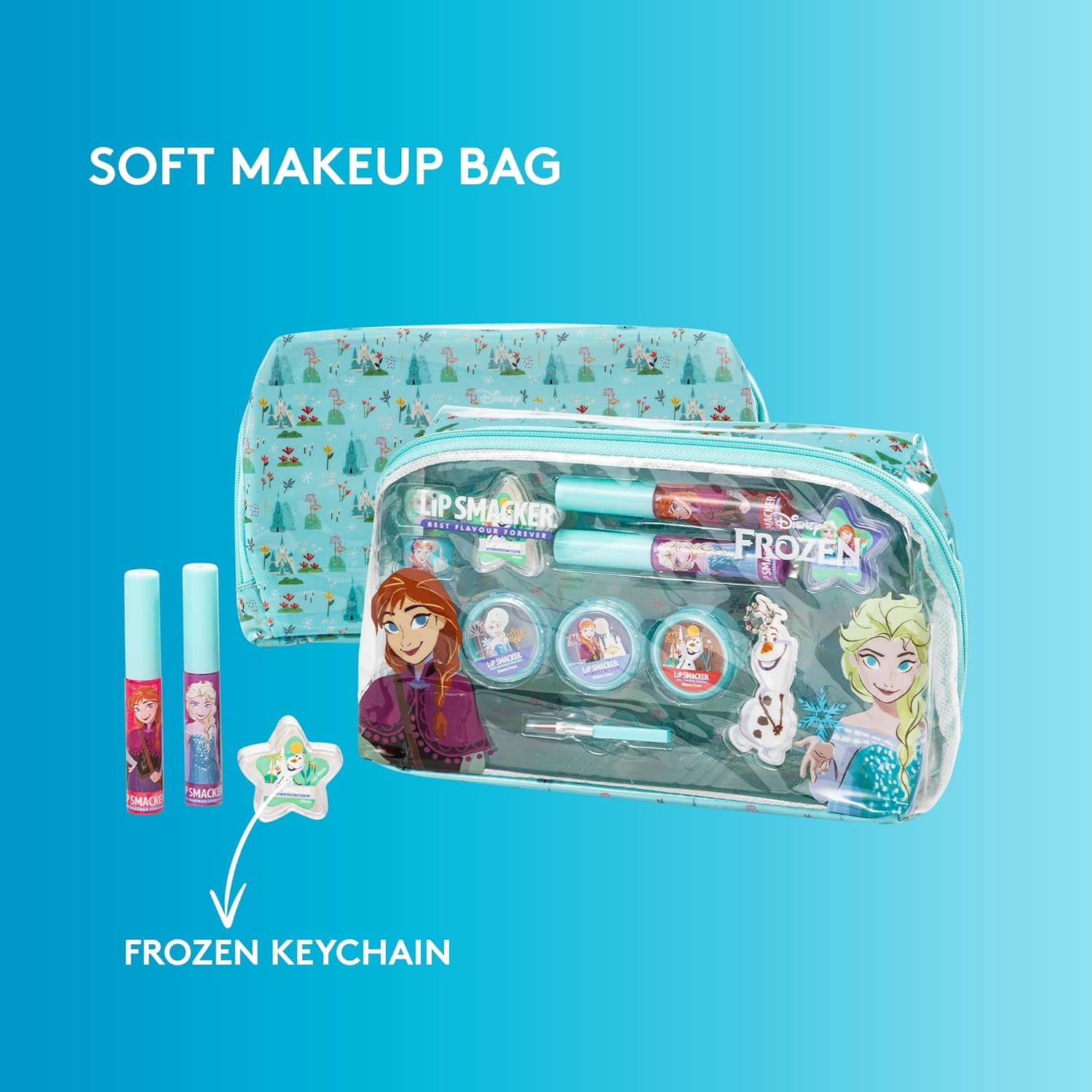 Lip Smacker Frozen Essential Makeup Bag, Frozen Makeup Set for Girls with GlossyLipGloss, BrightEyeShadows, MakeupApplicators, and Accessories for a DisneyPrincess Look