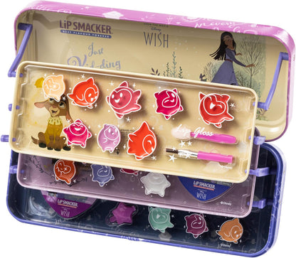 Lip Smacker Wish Triple-Tier Beauty Tin, Kids' Makeup Set Inspired by Disney Wish with LipGloss, EyeShadows, Beauty Accessories, and Stickers Included