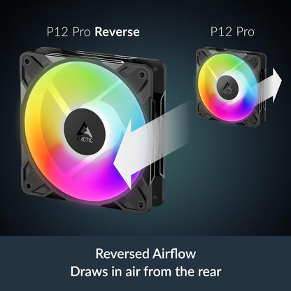 ARCTIC P12 Pro Reverse A-RGB – 120 mm Premium Fan with Reverse Airflow, PWM Fan with Y cable splitter, 500-3000 rpm, 0 rpm <5% PWM, 5V Digital RGB, hydrodynamic bearing, 4-Pin - Black