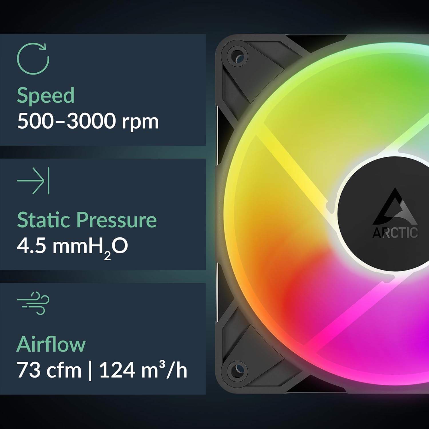 ARCTIC P12 Pro Reverse A-RGB – 120 mm Premium Fan with Reverse Airflow, PWM Fan with Y cable splitter, 500-3000 rpm, 0 rpm <5% PWM, 5V Digital RGB, hydrodynamic bearing, 4-Pin - Black