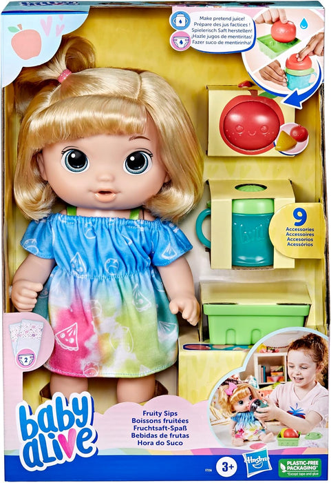 Baby Alive, Doll's Box Fruity Drinks, Apple, Dummy Juicer, Drinks and Wet Her Diaper, from 3 Years Old, Blond Hair