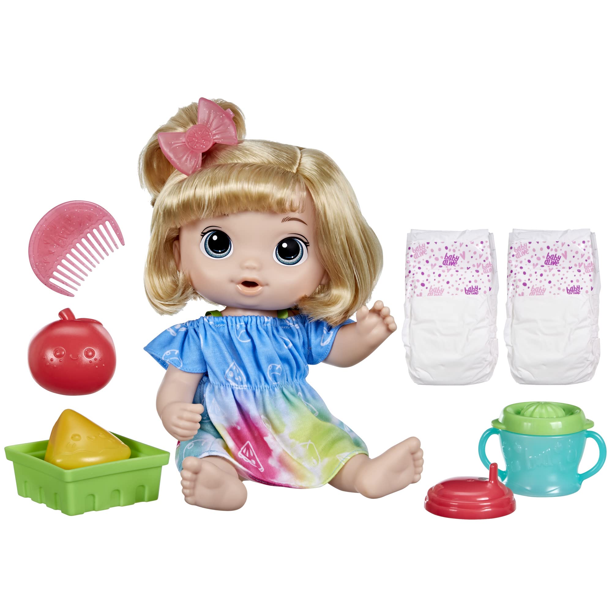 Baby Alive, Doll Set Fruit Drinks, Apple, Citrus Juicer, Drinks and Moisturizes Her Layer, from 3 Years, Blonde Hair