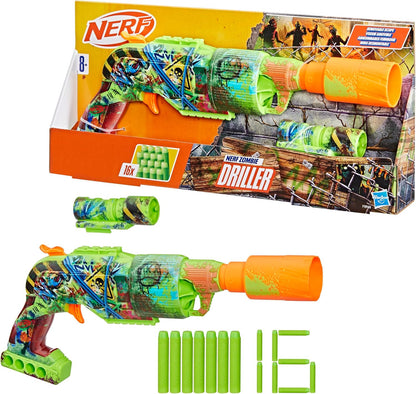 Nerf Zombie Driller Foam Dart Blaster, Rotating 5-Dart Cylinder, Removable Targeting Scope, 16 Elite Darts, Foam Blaster for Children Aged 8+, Great Zombie Halloween Toys For Kids