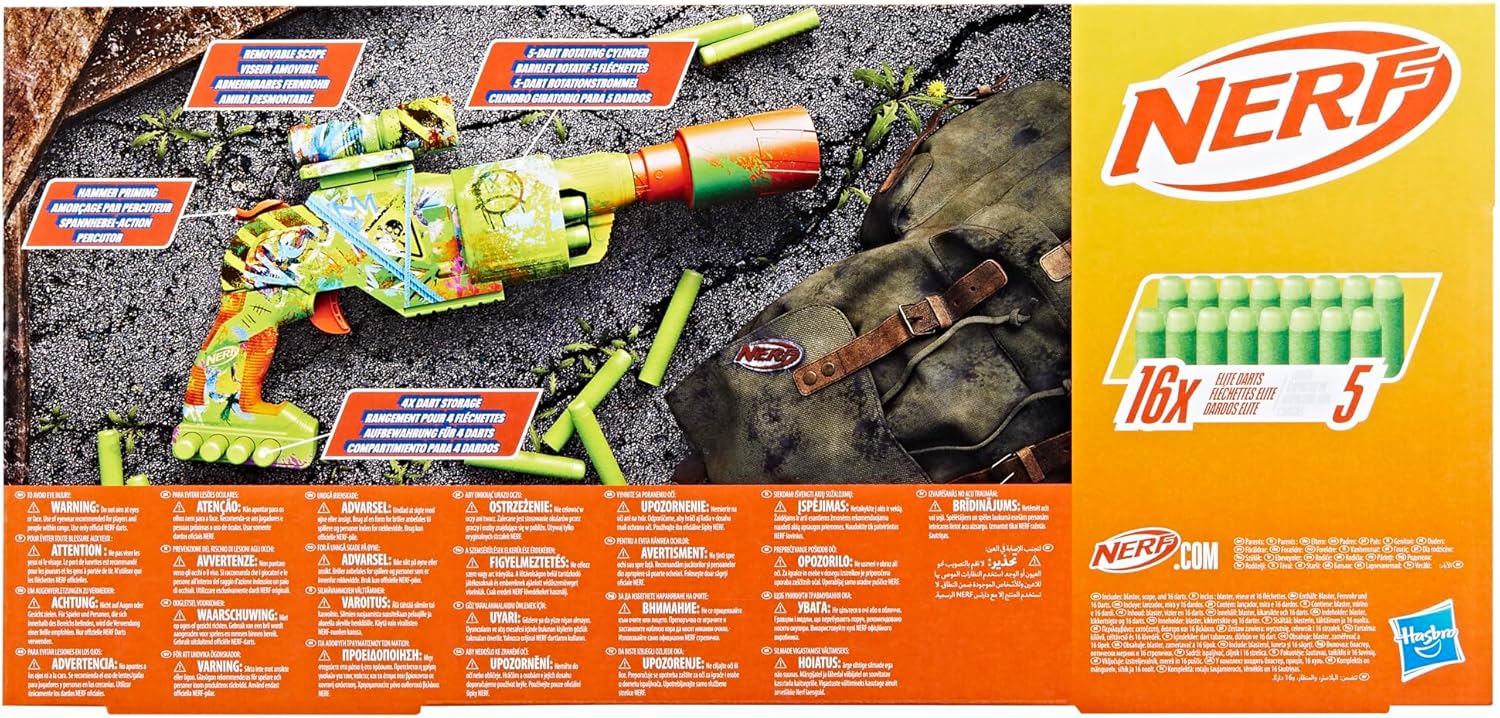 Nerf Zombie Driller Foam Dart Blaster, Rotating 5-Dart Cylinder, Removable Targeting Scope, 16 Elite Darts, Foam Blaster for Children Aged 8+, Great Zombie Halloween Toys For Kids