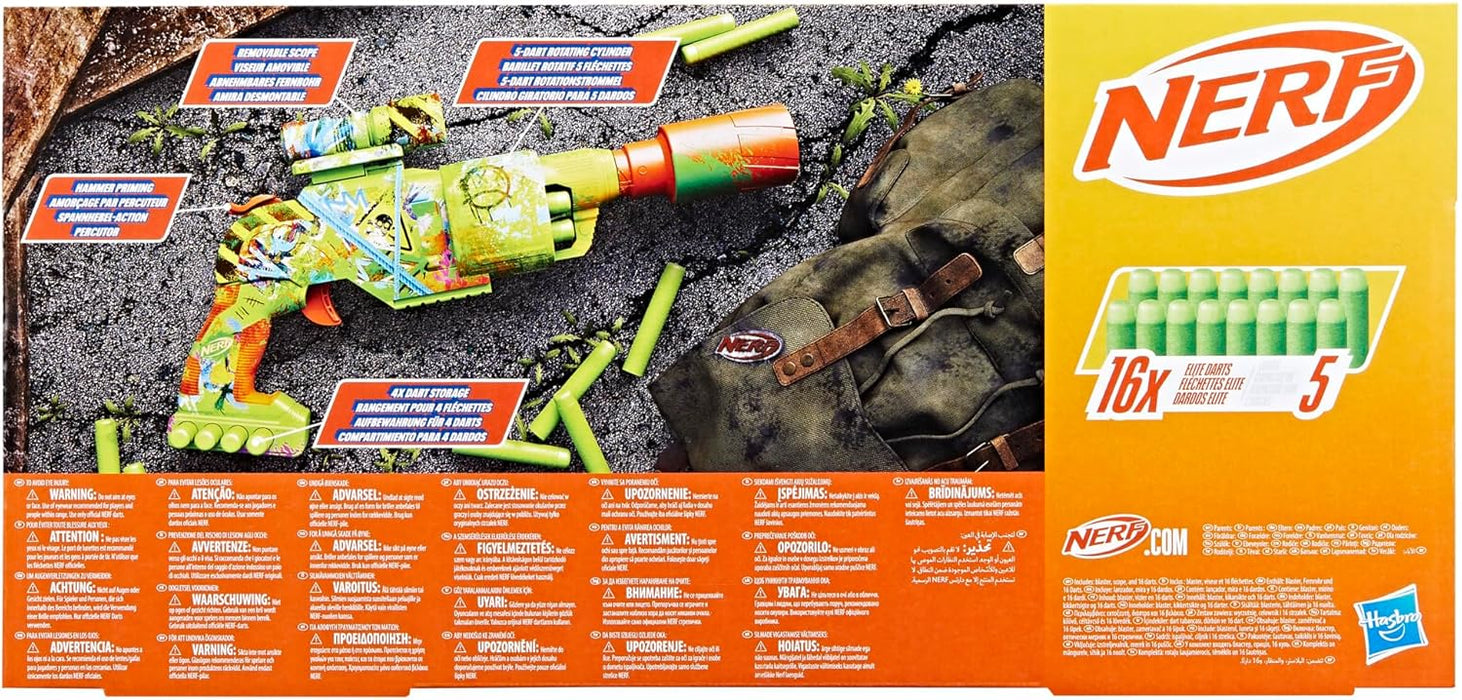 Nerf Zombie Driller Foam Dart Blaster, Rotating 5-Dart Cylinder, Removable Targeting Scope, 16 Elite Darts, Foam Blaster for Children Aged 8+, Great Zombie Halloween Toys For Kids